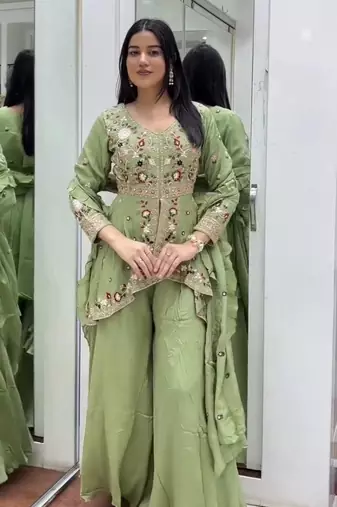 Green Color Sequence Embroidery Work Silk Blend Salwar Suit
