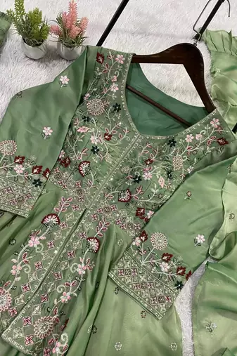 Green Color Sequence Embroidery Work Silk Blend Salwar Suit