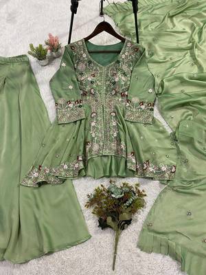 Green Color Sequence Embroidery Work Silk Blend Salwar Suit 5