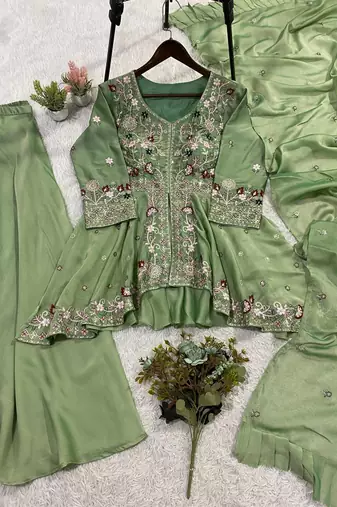 Green Color Sequence Embroidery Work Silk Blend Salwar Suit