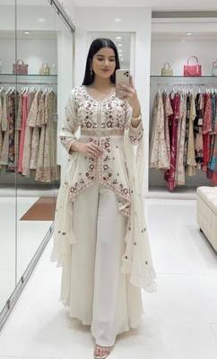 White Color Sequence Embroidery Work Silk Blend Salwar Suit 1