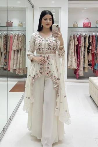 White Color Sequence Embroidery Work Silk Blend Salwar Suit