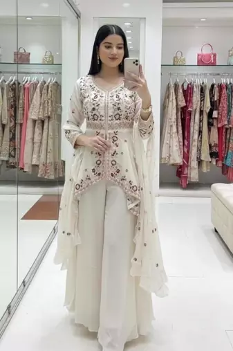 White Color Sequence Embroidery Work Silk Blend Salwar Suit