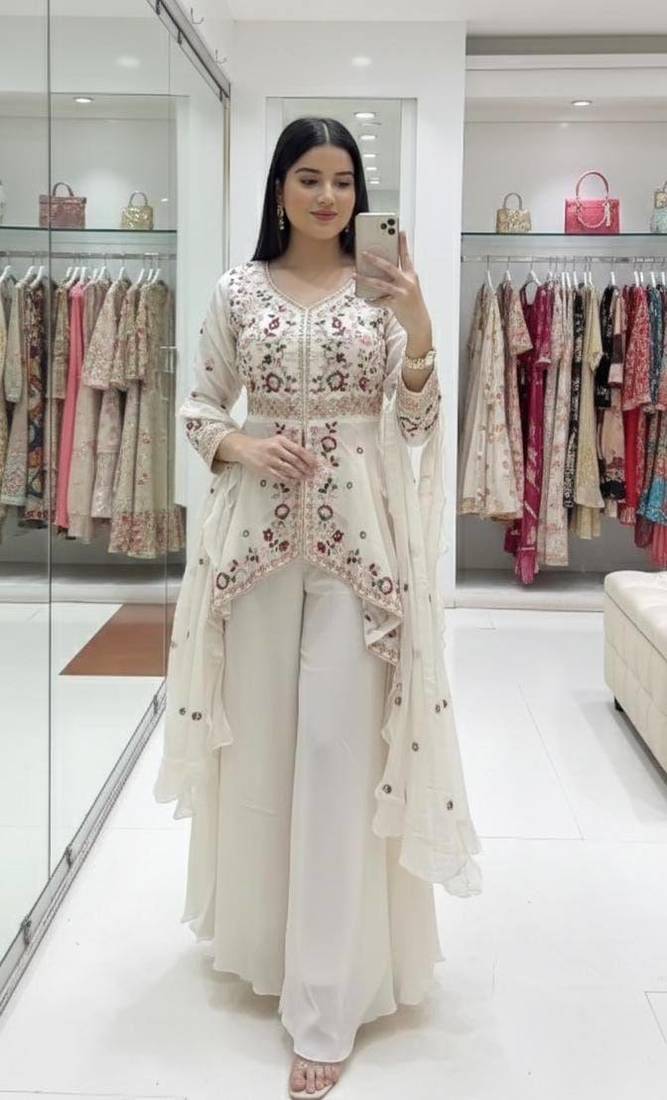 White Color Sequence Embroidery Work Silk Blend Salwar Suit