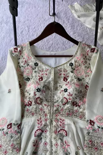 White Color Sequence Embroidery Work Silk Blend Salwar Suit