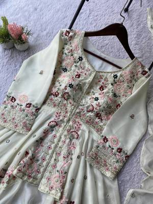 White Color Sequence Embroidery Work Silk Blend Salwar Suit 3