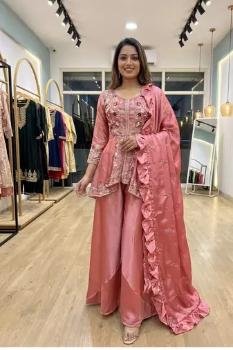 Pink  Color Sequence Embroidery Work Silk Blend Salwar Suit