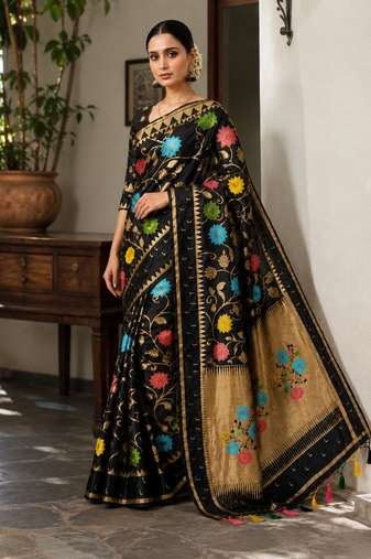 Black Color Jacquard Weaving Work Georgette Saree