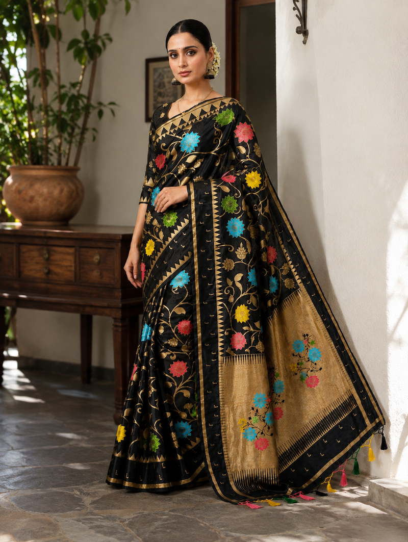 Black Color Jacquard Weaving Work Georgette Saree