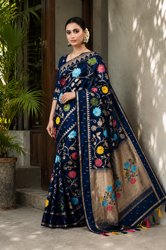 Blue Color Jacquard Weaving Work Georgette Saree