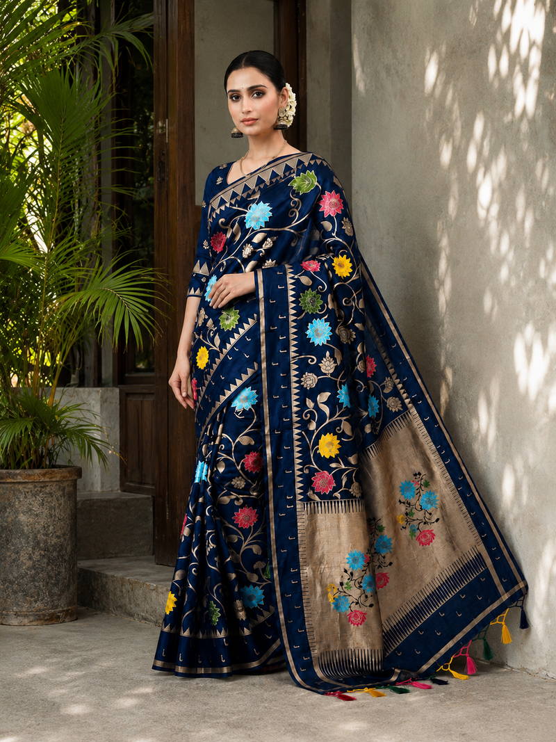 Blue Color Jacquard Weaving Work Georgette Saree