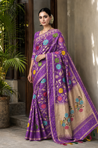 Purple Color Jacquard Weaving Work Georgette Saree