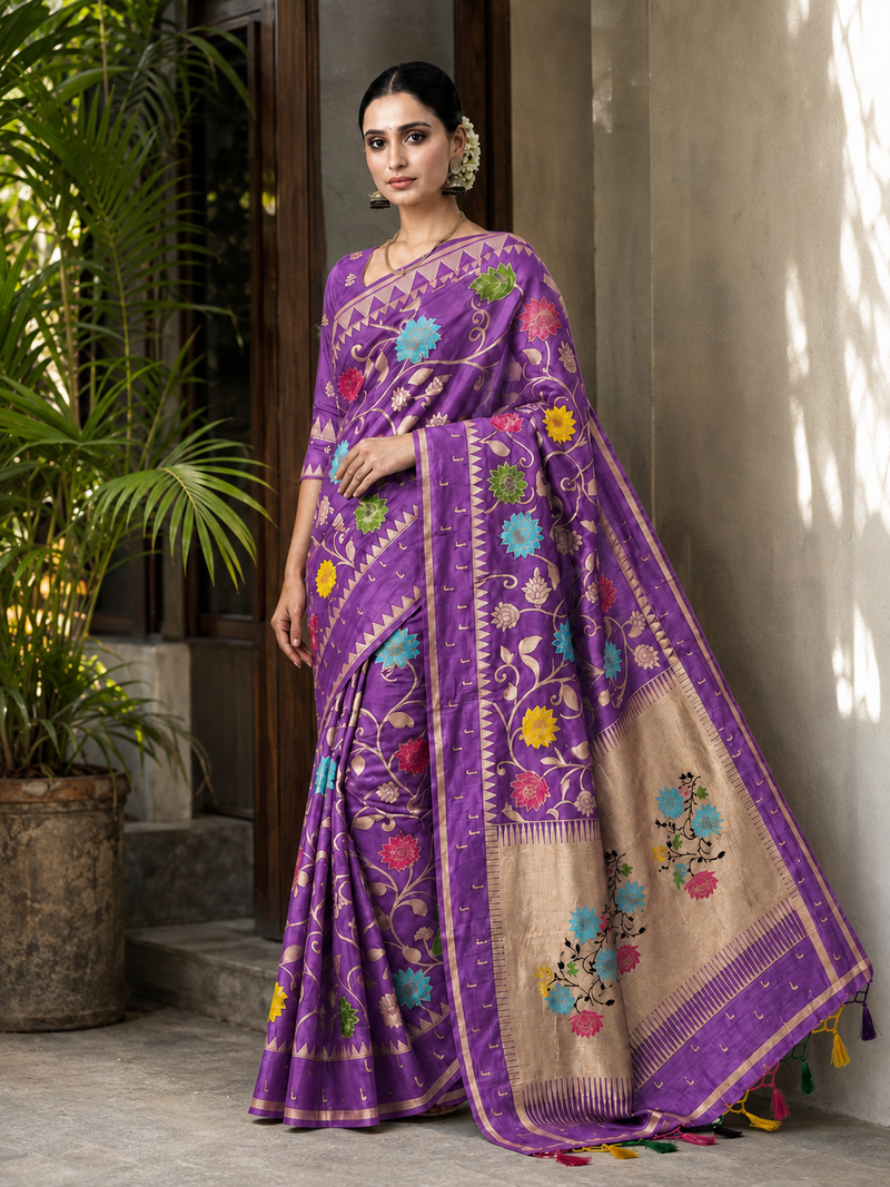 Purple Color Jacquard Weaving Work Georgette Saree