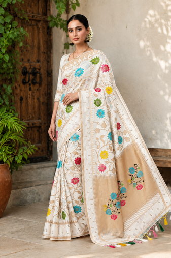 White Color Jacquard Weaving Work Georgette Saree