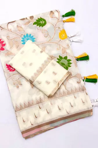 White Color Jacquard Weaving Work Georgette Saree