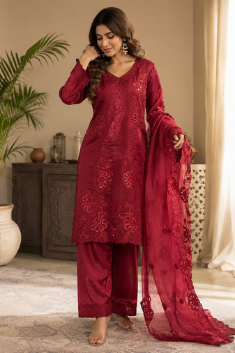 Maroon Color Sequence Embroidery Work Silk Blend Salwar Suit