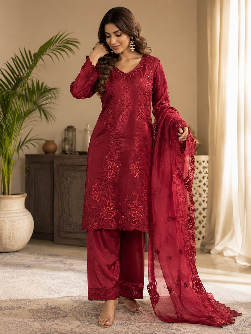 Maroon Color Sequence Embroidery Work Silk Blend Salwar Suit