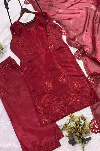 Maroon Color Sequence Embroidery Work Silk Blend Salwar Suit