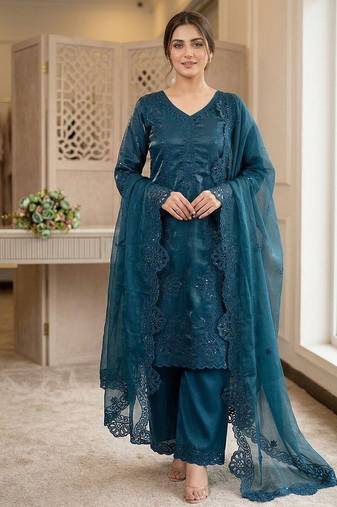Teal Color Sequence Embroidery Work Silk Blend Salwar Suit
