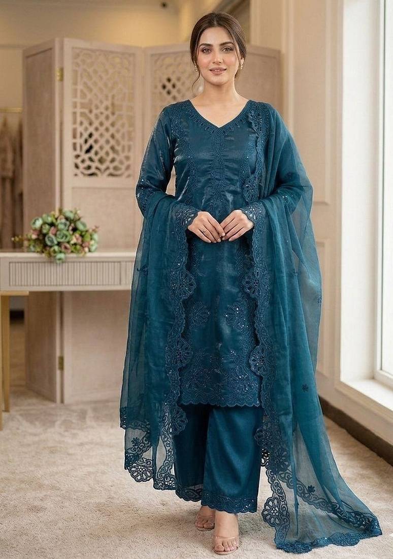 Teal Color Sequence Embroidery Work Silk Blend Salwar Suit