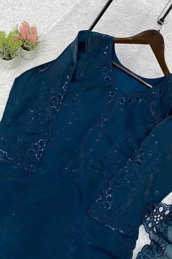 Teal Color Sequence Embroidery Work Silk Blend Salwar Suit