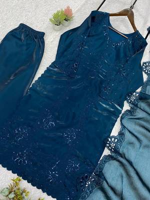 Teal Color Sequence Embroidery Work Silk Blend Salwar Suit 3