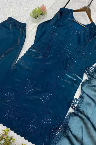Teal Color Sequence Embroidery Work Silk Blend Salwar Suit