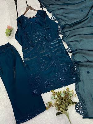 Teal Color Sequence Embroidery Work Silk Blend Salwar Suit 4