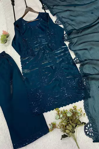 Teal Color Sequence Embroidery Work Silk Blend Salwar Suit