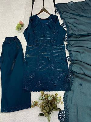 Teal Color Sequence Embroidery Work Silk Blend Salwar Suit 5