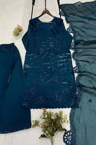 Teal Color Sequence Embroidery Work Silk Blend Salwar Suit