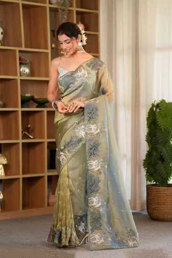 shaila  slate blue hand embroidered saree