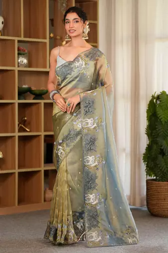shaila  slate blue hand embroidered saree