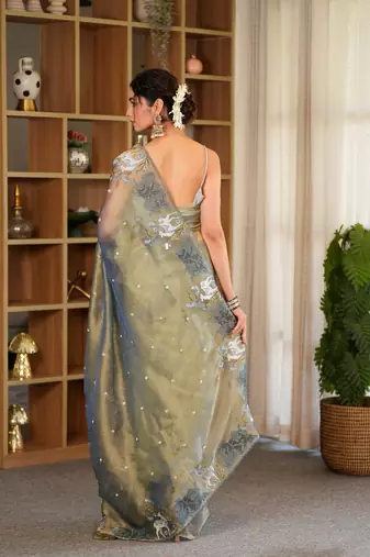 shaila  slate blue hand embroidered saree