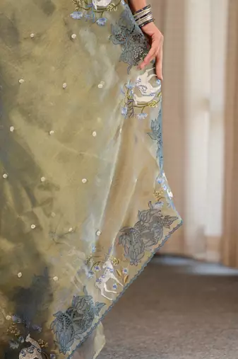 shaila  slate blue hand embroidered saree