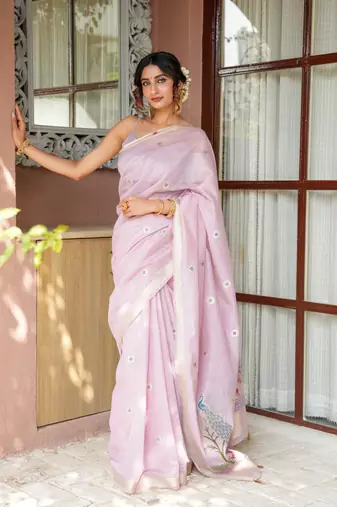 rajshri  handloom cotton blend saree with zari motifs & pallu 