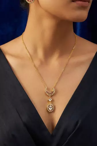 gold plated crescent kundan pendant necklace