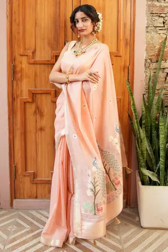 supriya  handloom cotton blend saree with zari motifs & pallu 