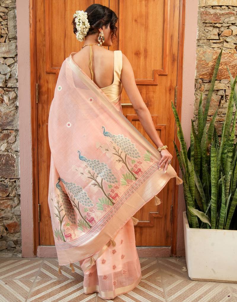 supriya  handloom cotton blend saree with zari motifs & pallu 