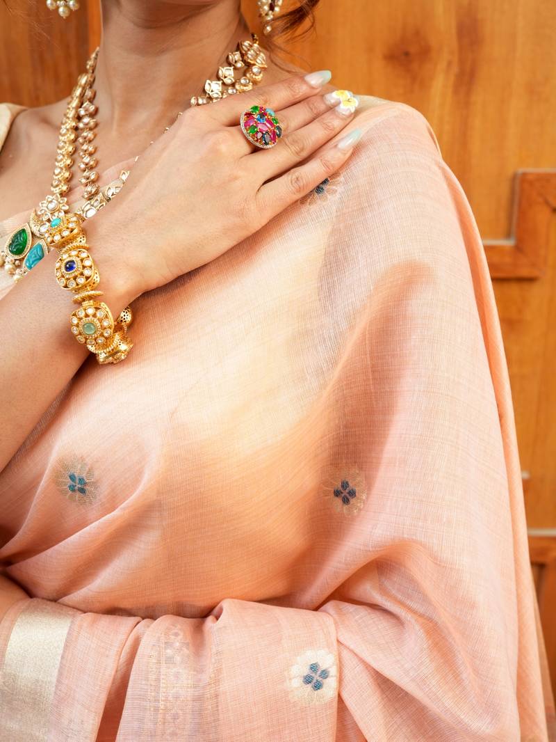 supriya  handloom cotton blend saree with zari motifs & pallu 