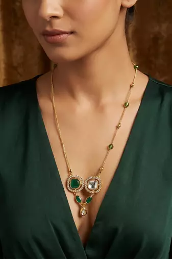 gold plated green stone kundan necklace