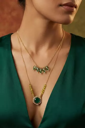 gold plated green hexagon pendant necklace