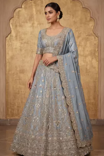  Dusty Blue Sequin Embroidered Lehenga Choli with Dupatta