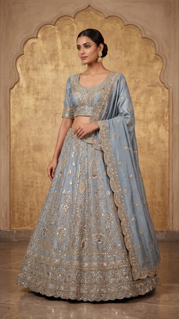  Dusty Blue Sequin Embroidered Lehenga Choli with Dupatta