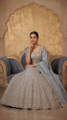  Dusty Blue Sequin Embroidered Lehenga Choli with Dupatta 2