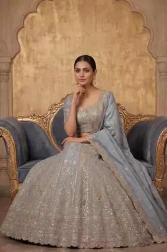  Dusty Blue Sequin Embroidered Lehenga Choli with Dupatta