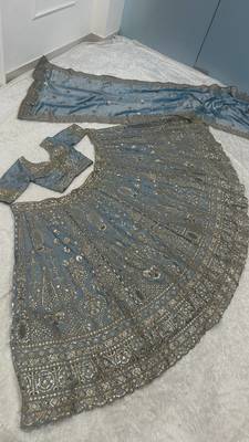 Dusty Blue Sequin Embroidered Lehenga Choli with Dupatta 3