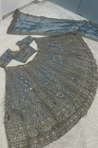 Dusty Blue Sequin Embroidered Lehenga Choli with Dupatta