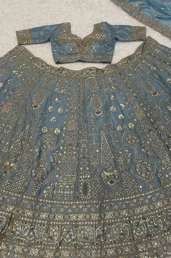  Dusty Blue Sequin Embroidered Lehenga Choli with Dupatta