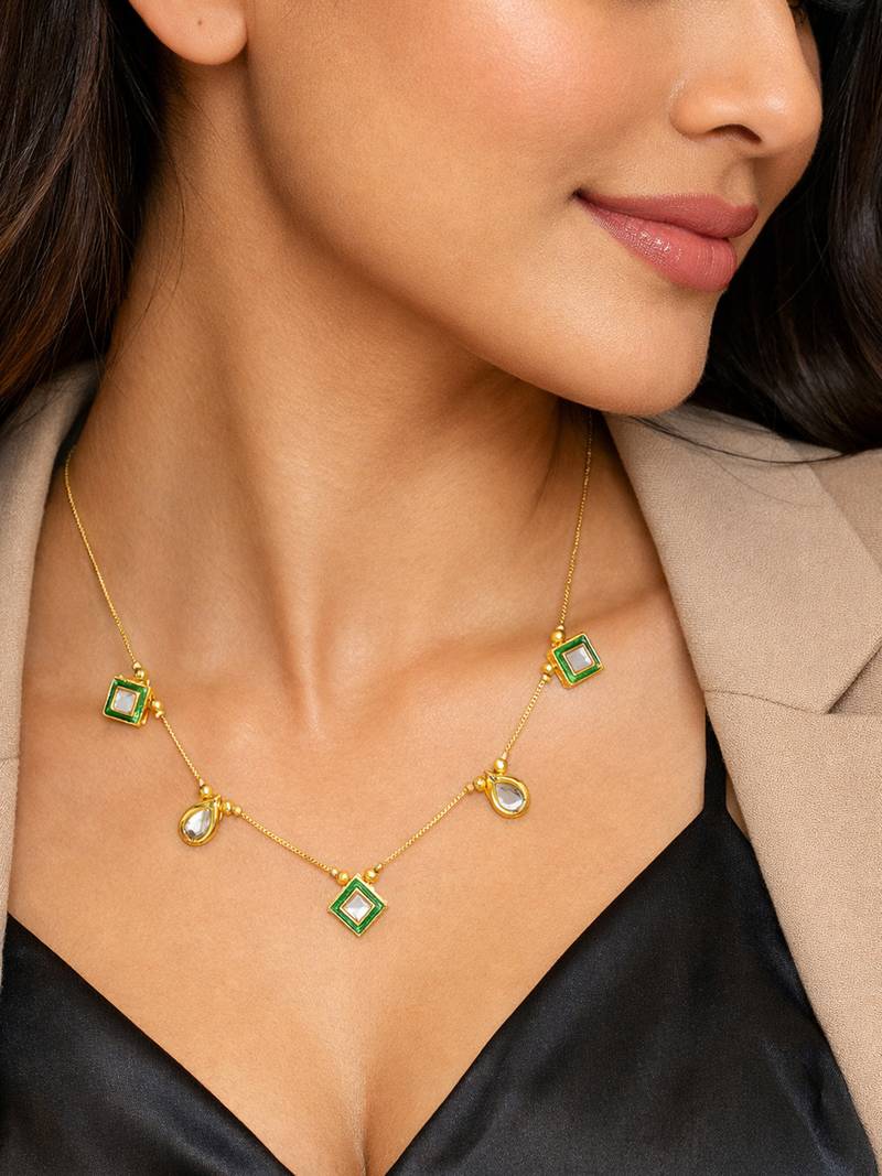 gold plated green enamel kundan necklace